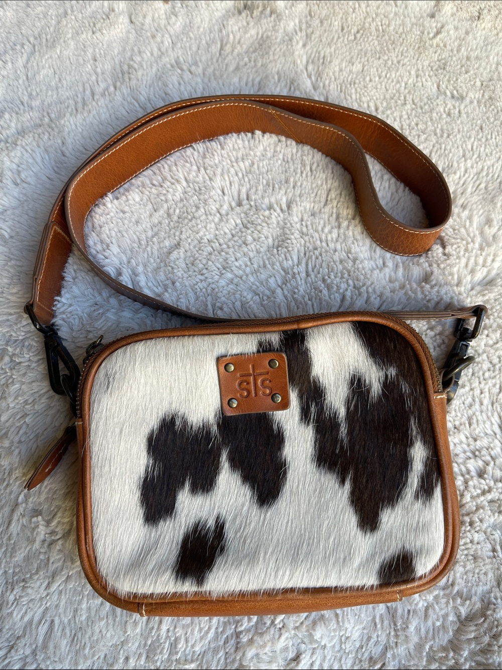 STS Leather Crossbody Mini Bag with Cowhide Panel - Brown/White
